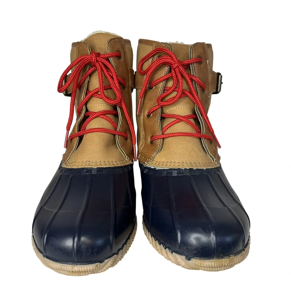 Dept 222 Grayson-0850 Women Ankle Duck Boots Navy Tan Red Lace Up Size 10M